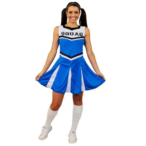 Déguisement pour femme de cheerleader avec un ensemble bleue haut et jupe en 1 pièce. Idéal pour les enterrements de vie de jeune fille. ( Medium )