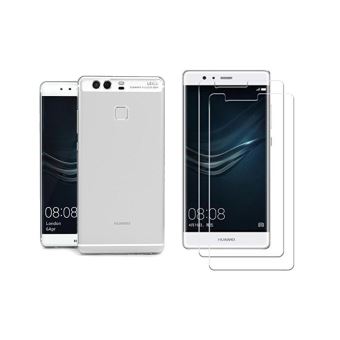 Huawei P9 (Pack 2 en 1) 1 coque transparente souple et solide anti choc + 2 films écran en verre trempé résistant 9H - 1