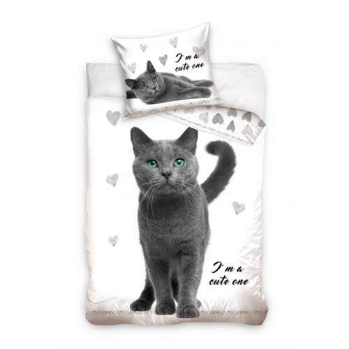 Animaux - Parure de lit Chat Gris Cute - Housse de couette Coton