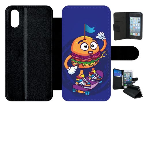 Etui My-Kase pour iPhone X - burger fond bleu electrqiue - Simili-cuir Noir