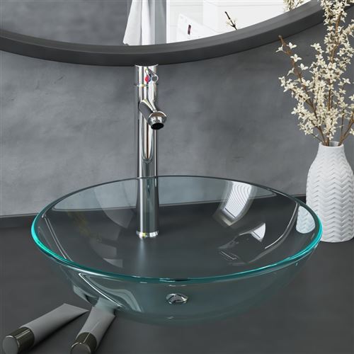vidaXL Lavabo de bain avec robinet et drain à poussoir Verre trempé