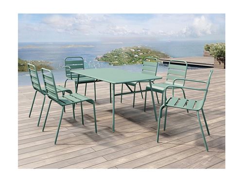 Salle à manger de jardin en métal - une table L.160 cm avec 2 fauteuils empilables et 4 chaises empilables - Vert amande - MIRMANDE de MYLIA