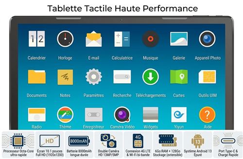 Non Communiqué Noir Tablette 13 Pouces Android Écran Tactile Full Hd 2Go + 32 Go + Sd 16Go Yonis
