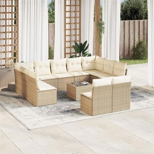 Salon de jardin avec coussins 12 pcs beige r&eacute;sine tress&eacute;e 3250197
