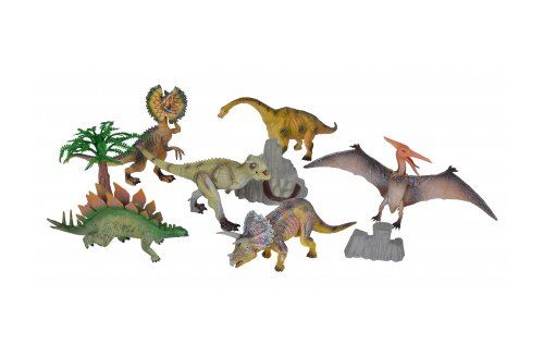 Coffret de 6 dinosaures + 3 accessoires - figurines animaux prehistorique : triceratops - stégosaure - brachiosaurus - ptérodactyle - t-rex