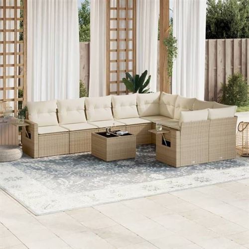 VIDAXL  salon de jardin avec coussins 10 pcs beige r&eacute;sine tress&eacute;e