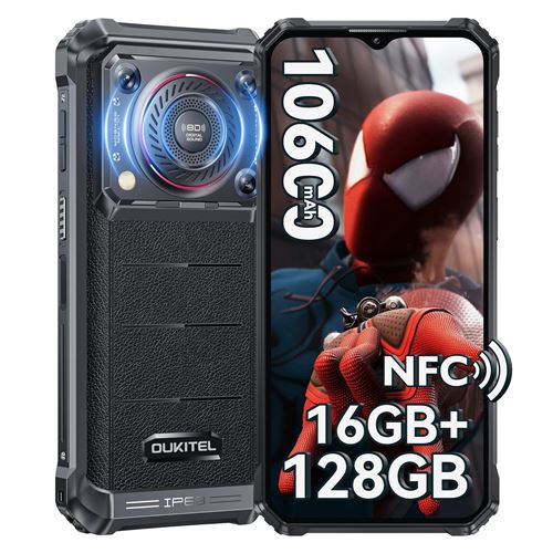 OUKITEL WP36 Téléphone Portable Incassable 16Go+128Go/1TO, 10600mAh Android 14 Telephone Portable avec Haut-Parleur 128dB, 6.52 HD+, 13MP, Smartphone Antichoc Dual SIM 4G/NFC/OTG/Face ID-Noir