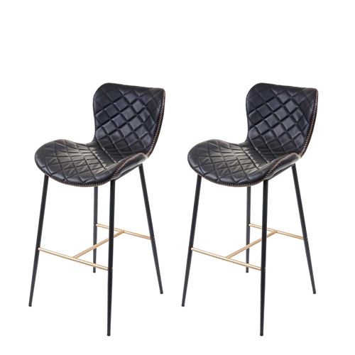 2x tabouret de bar MENDLER HWC-E55 vintage haubans dorés similicuir noir