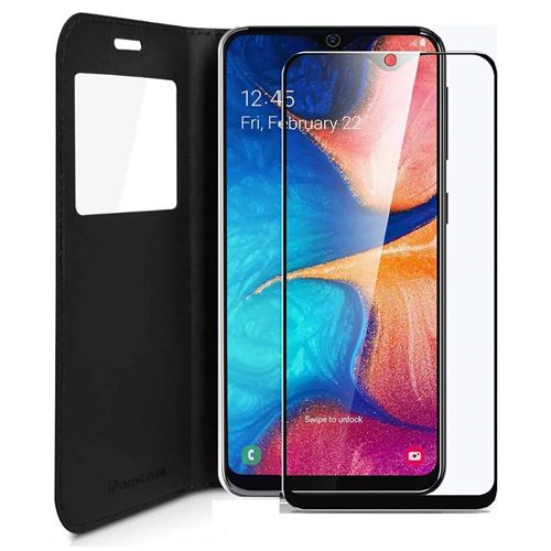 Etui Folio fenêtre pour Samsung Galaxy A20e avec Verre trempé 3D Full Cover