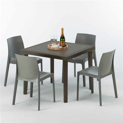 Grand Soleil - Table carrée et 4 chaises colorées Poly-rotin résine 90x90 marron, Chaises Modèle: Rome gris