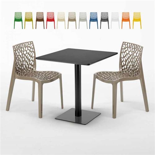 Table carrée noire 70x70 avec 2 chaises colorées Gruvyer Kiwi, Couleur: Beige Juta