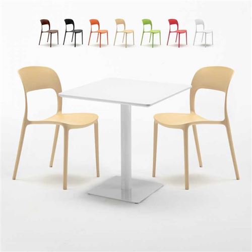 Table carrée 70x70 blanche avec 2 chaises colorées Restaurant MERINGUE, Couleur: Beige
