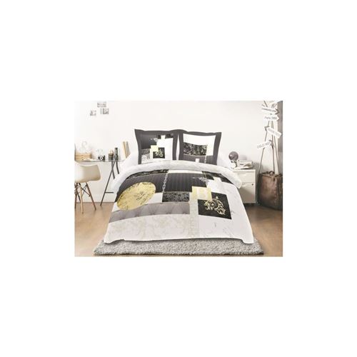 Soleil Docre Parure De Couette Coton William - 1 Housse De Couette 220x240 Cm + 2 Taies Doreillers 63x63 Cm - Gris Et Jaune
