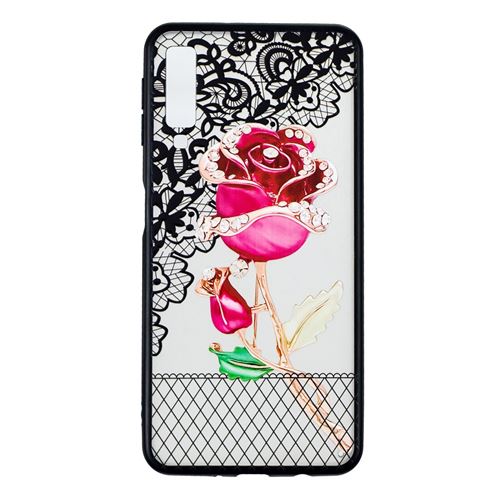 Coque en TPU Décor 3D strass noir style dentelle noire rose pour votre Samsung Galaxy A7 (2018)