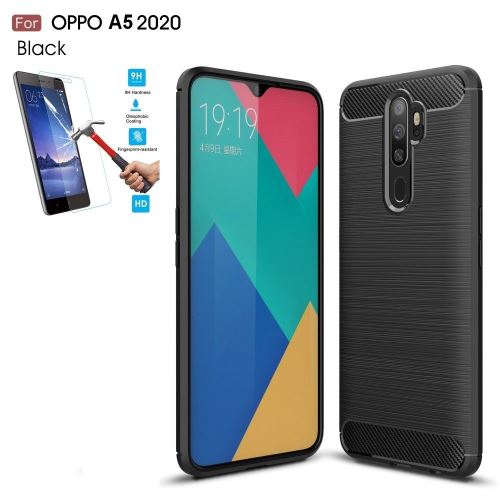 Coque Oppo A5 2020 Carbone Noir Avec Verre Trempé En Silicone Gel Souple