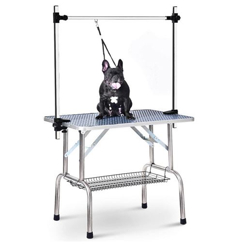 Table Toilettage JEOBEST® Ajustable Pliable pour Chien ou Chat avec 2 Potences et Panier de rangement 90×60.5×169 cm-Bleu