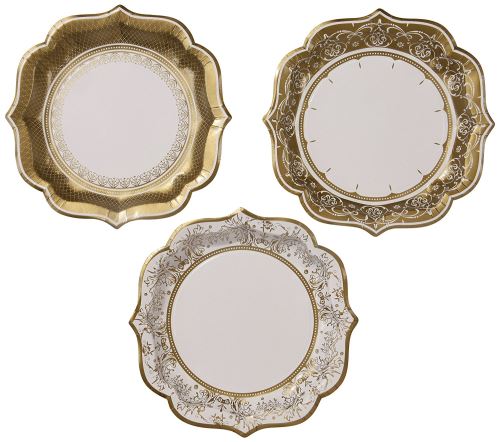 Talking Tables Party Porcelain Gold Grandes Assiettes Festives en Carton pour Noël, Mariage et Réception ou Dîner, Doré, 20 cm (Paquet de 12 contenant 3 modèles)