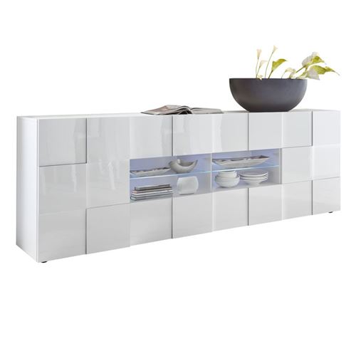 Buffet 2 portes 4 tiroirs Laqué Blanc brillant LED's - TICATO