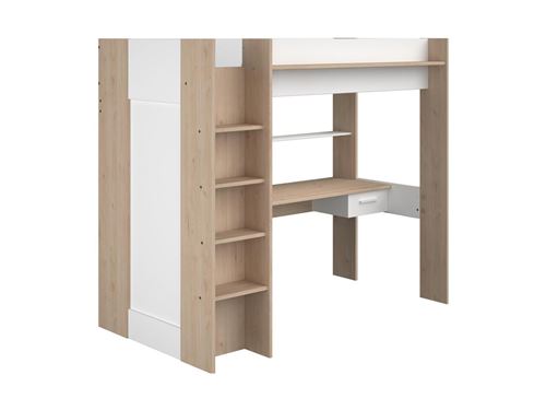 Lit mezzanine avec bureau et armoire - 90 x 200 cm - Coloris : Blanc et naturel - AUCKLAND
