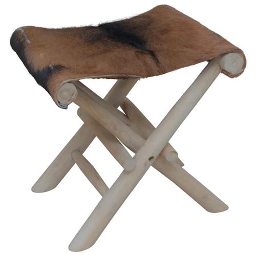 vidaXL Tabouret pliable Cuir véritable et bois de teck massif