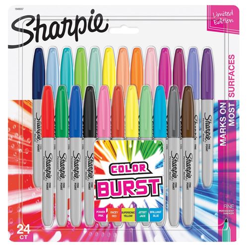 SHARPIE 24 Marqueurs permanents, pointe ogive fine 0.9mm, Colour Burst & assortiment original, sous blister