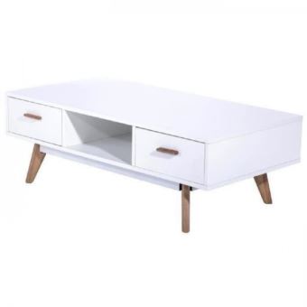 Nordik Table Basse Scandinave Blanc Laque Avec Cadre Metal Blanc Et Pieds Bois Chene Massif Vernis L 120 X L 60 Cm Achat Prix Fnac