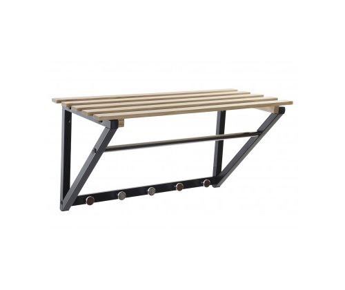 Portemanteau Mural Métal Noir avec Étagère en Pin