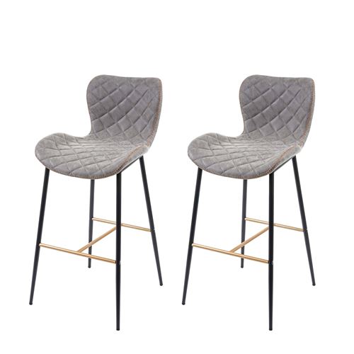 2x tabouret de bar MENDLER HWC-E55 vintage haubans dorés similicuir aspect daim gris