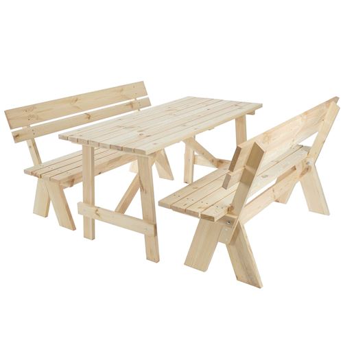 Garniture de jardin Oslo, table + bancs en bois massif, qualité de brasserie, 148 cm ~ nature
