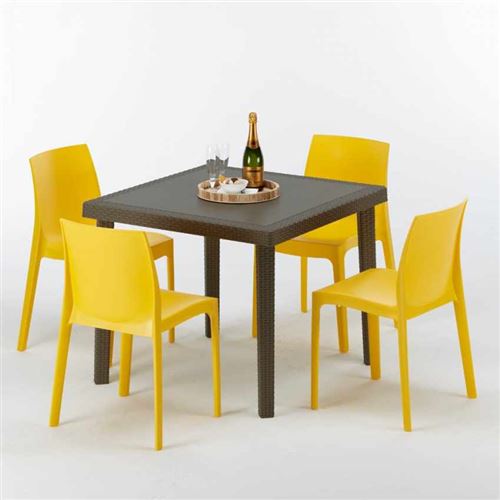 Grand Soleil - Table carrée et 4 chaises colorées Poly-rotin résine 90x90 marron, Chaises Modèle: Rome jaune