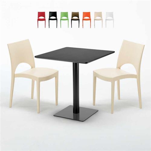 Table carrée noire 70x70 avec 2 chaises colorées Paris Kiwi, Couleur: Beige