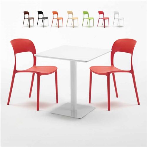 Table carrée 70x70 blanche avec 2 chaises colorées Restaurant MERINGUE, Couleur: Rouge