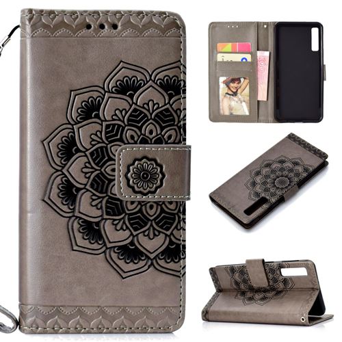 Etui en PU motif floral gris pour votre Samsung Galaxy A7 (2018)