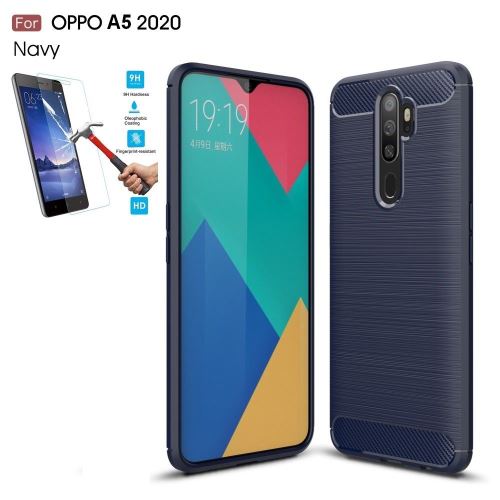 Coque En Silicone Gel Souple Oppo A5 2020 Carbone Bleu Avec Verre Trempé
