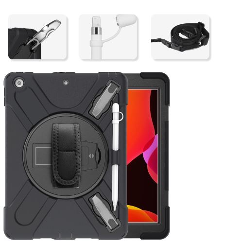 Coque en TPU Hybride en forme de X avec deux types de béquille, dragonne et porte-stylet noir pour votre Apple iPad 10.2 (2019)