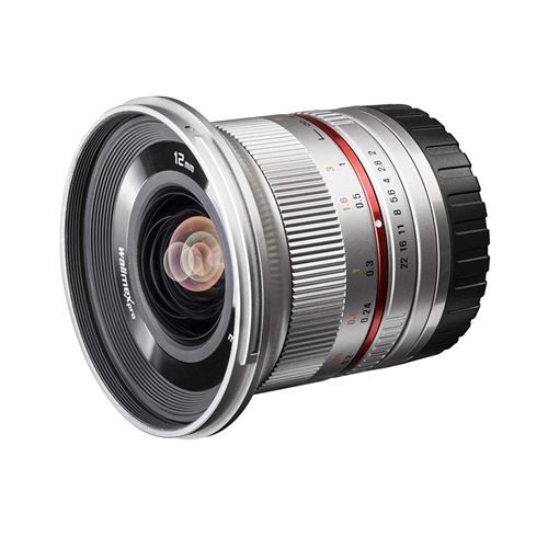 Walimex Pro 12mm 1: 2.0 SCC grand-angle (haute intensité de lumière, lentilles MC et nanorevêtement, capuche amovible) pour lentille Sony E en argent