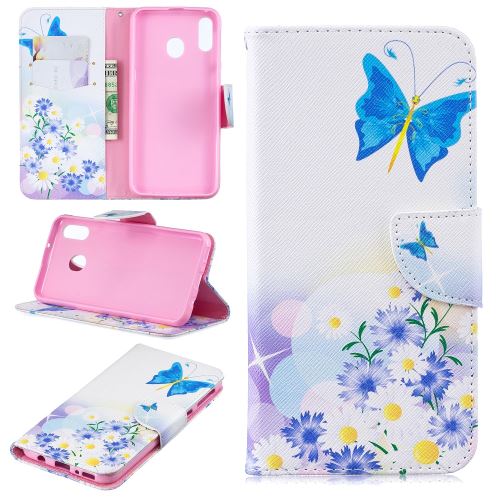 Etui en PU support d'impression de patrons papillons bleus pour votre Samsung Galaxy M20