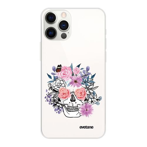 Coque pour iPhone 12/12 Pro souple transparente Crâne floral Motif Ecriture Tendance [Evetane®]