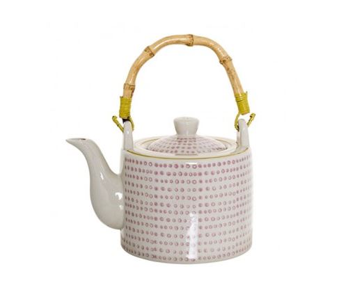 Théière en Céramique Blanc à Pois Rose Anse Bambou