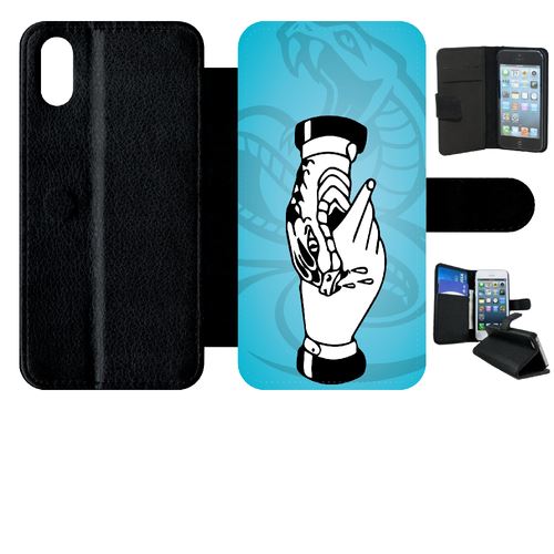 Etui My-Kase pour iPhone X - main morsure serpent fond bleu - Simili-cuir Noir