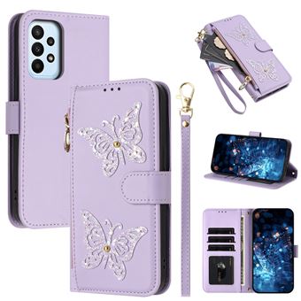 Étui FOXDOCK à rabat pour Samsung Galaxy A23 4G/5G, multifonctionnel, avec fermeture magnétique, fermeture éclair, portefeuille en cuir, emplacements pour cartes et dragonne-Violet - 1