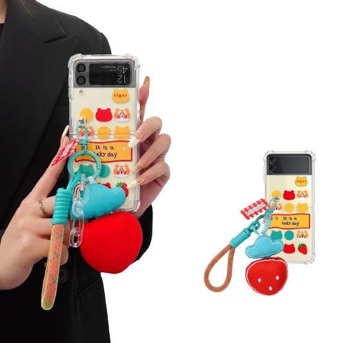 Coque transparent Tigre Graffiti pour Samsung Galaxy Z Flip 3 avec pendentif en forme de fraise et dragonne