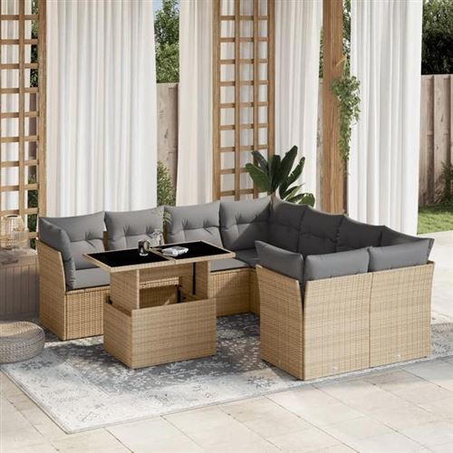 Vidaxl Beige Salon De Jardin Avec Coussins 9 Pcs - / Résine Tressée - Image 3