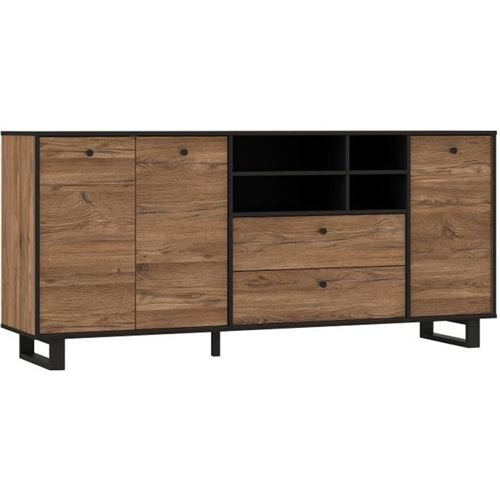 Enfilade 3 portes 2 tiroirs - Decor chene et noir - L 180,8 x P 42 x H 81,6 cm - SEWILL