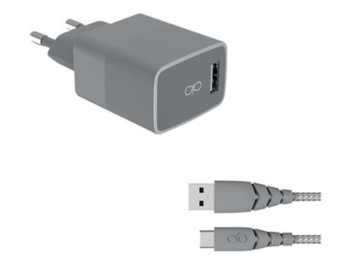 Force Power USB-A-Netzladegerät + USB-C-Kabel - 1,2 m - Recycelt - Grau