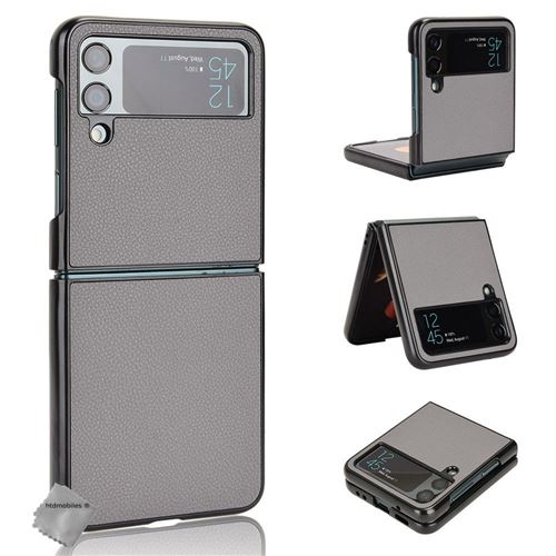 Housse etui coque rigide simili cuir avant et arrière pour Samsung Galaxy Z Flip 4 5G - GRIS - htdmobiles
