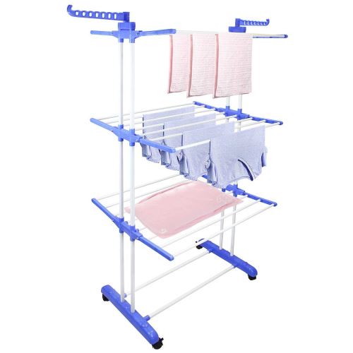 Todeco - Etendoir à 3 Niveaux, Séchoir Pliable d'Interieur, 3 étagères, Bleu, Avec porte-chaussures, Dimensions: 75-126 x 64 x 168 cm