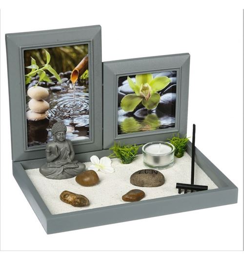 Jardin Zen 2 Cadres Photo Plateau Bouddha Bougie Sable Galet Rateau