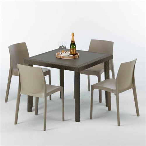 Table carrée et 4 chaises colorées Poly-rotin résine 90x90 marron, Chaises Modèle: Rome Beige Juta