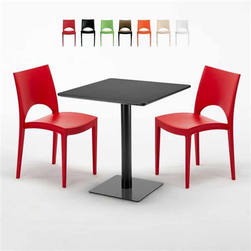 Table carrée noire 70x70 avec 2 chaises colorées Paris Kiwi, Couleur: Rouge